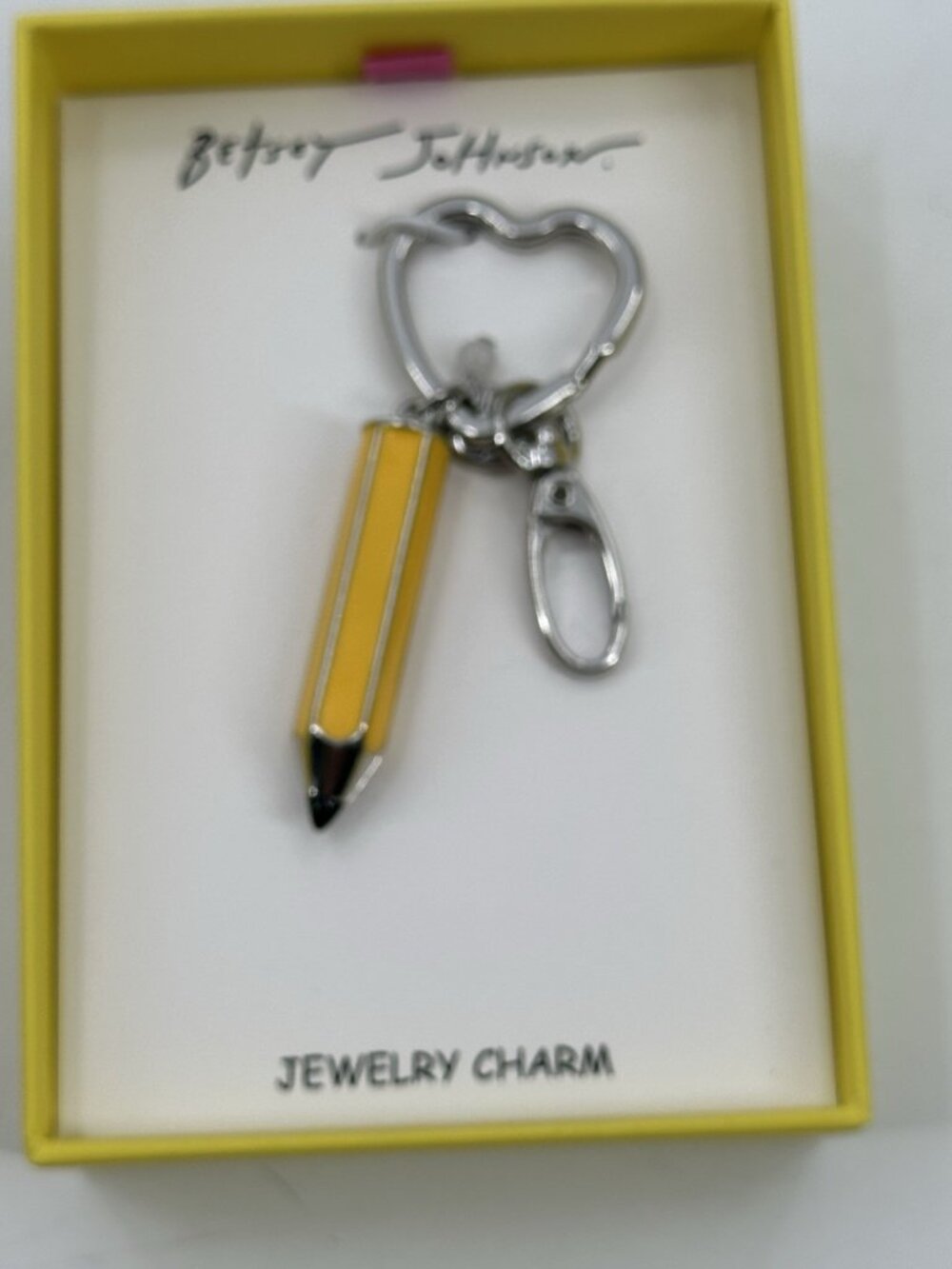 NIB Betsey Johnson Yellow Pencil Key Fob/Bag Charm Silver Tone Teacher School